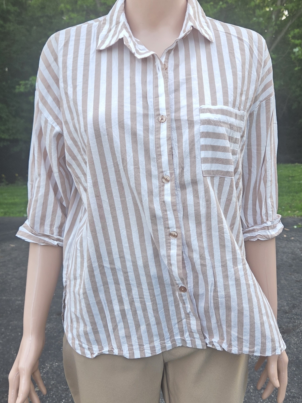 Womens Striped Button-Down Shirt Blouse in Beige and White
